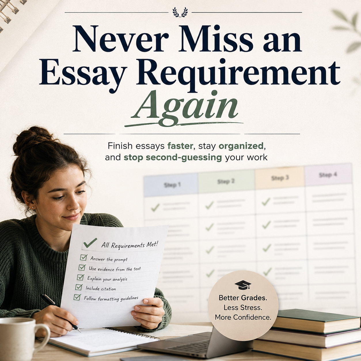 Older student confidently reviewing an essay requirements checklist