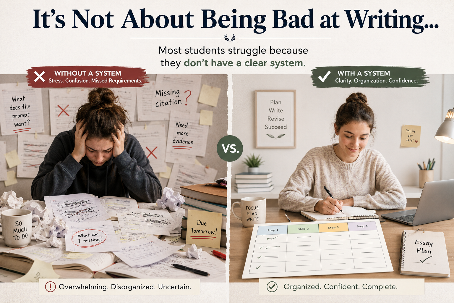 An older student moving from a stressful writing process to a calm organized approach