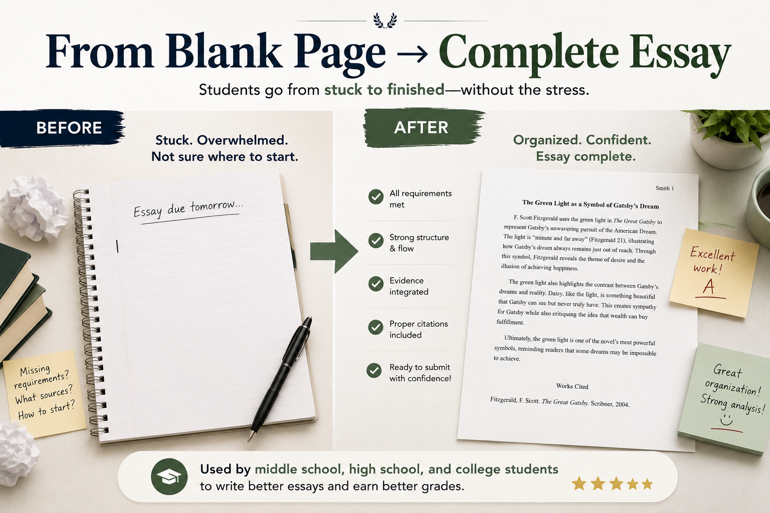 Older student moving from a blank page to a complete well-organized essay