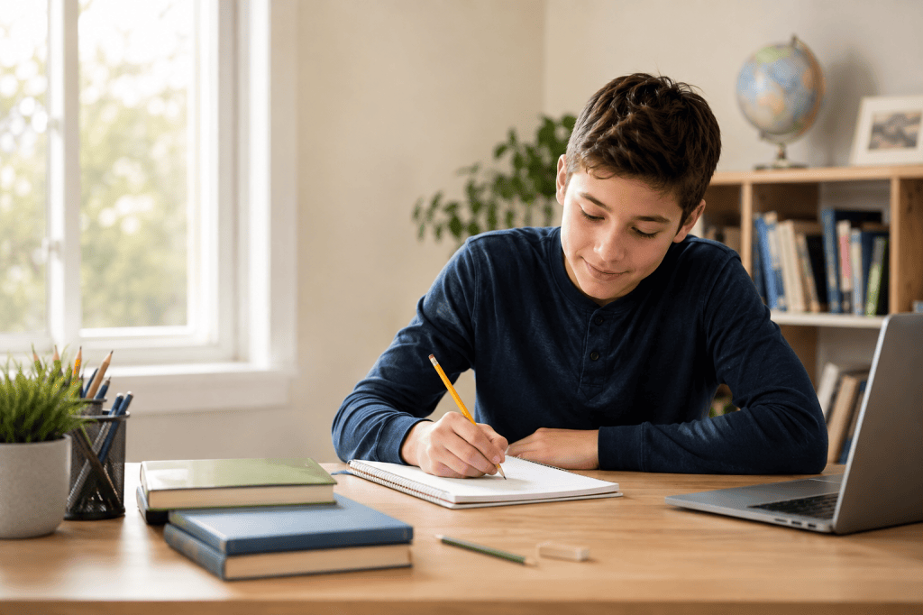 A student using an organized method to work through an essay assignment