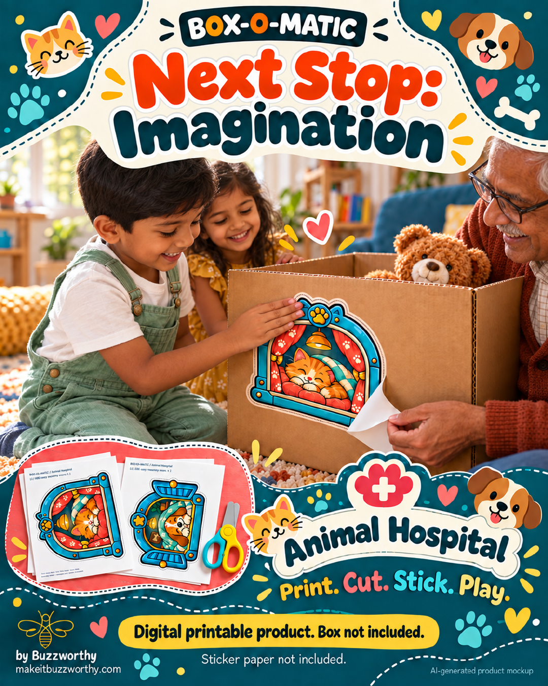 Animal Hospital printable sticker pack illustrated with an AI-generated family mockup