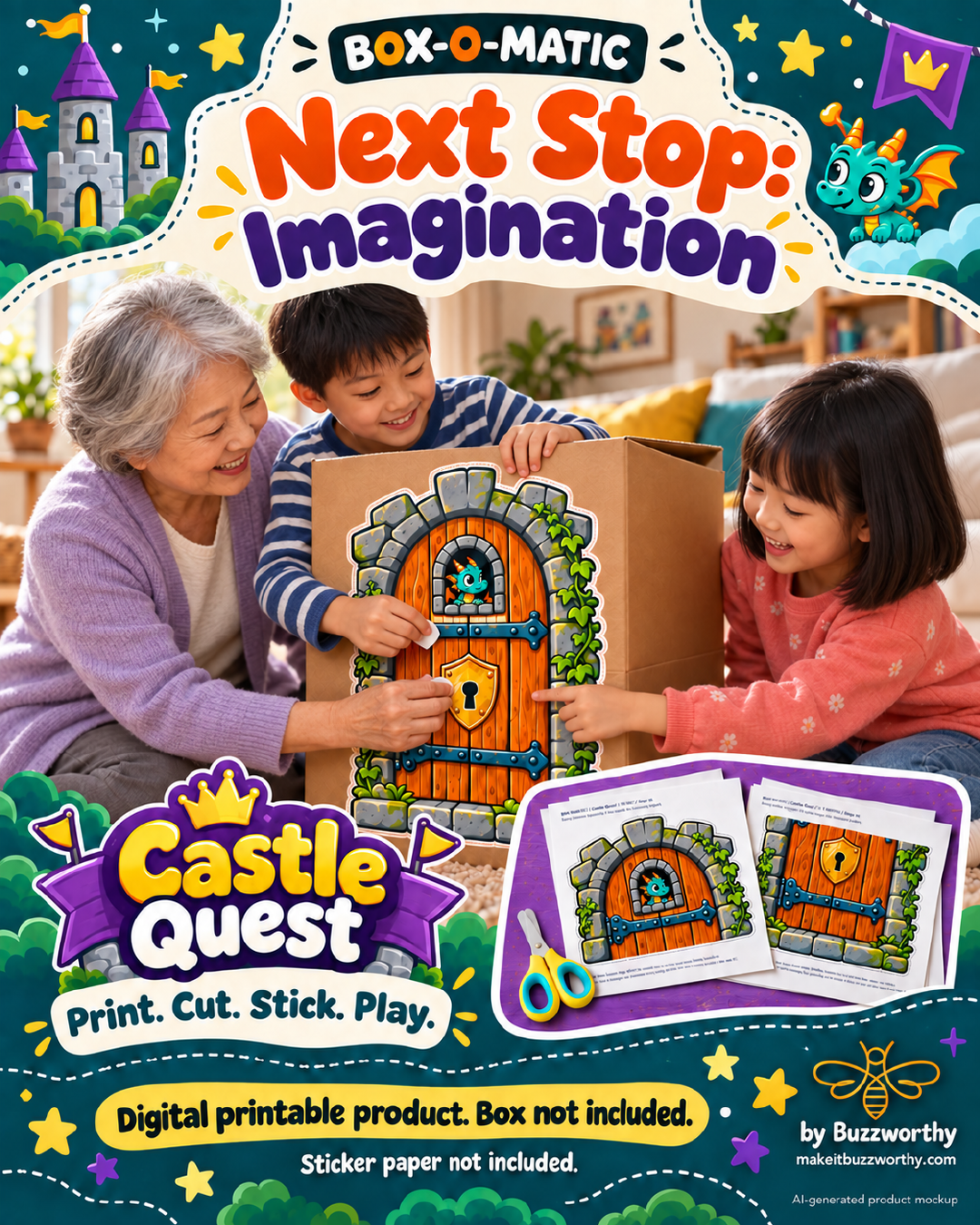 Castle Quest printable sticker pack illustrated with an AI-generated family mockup