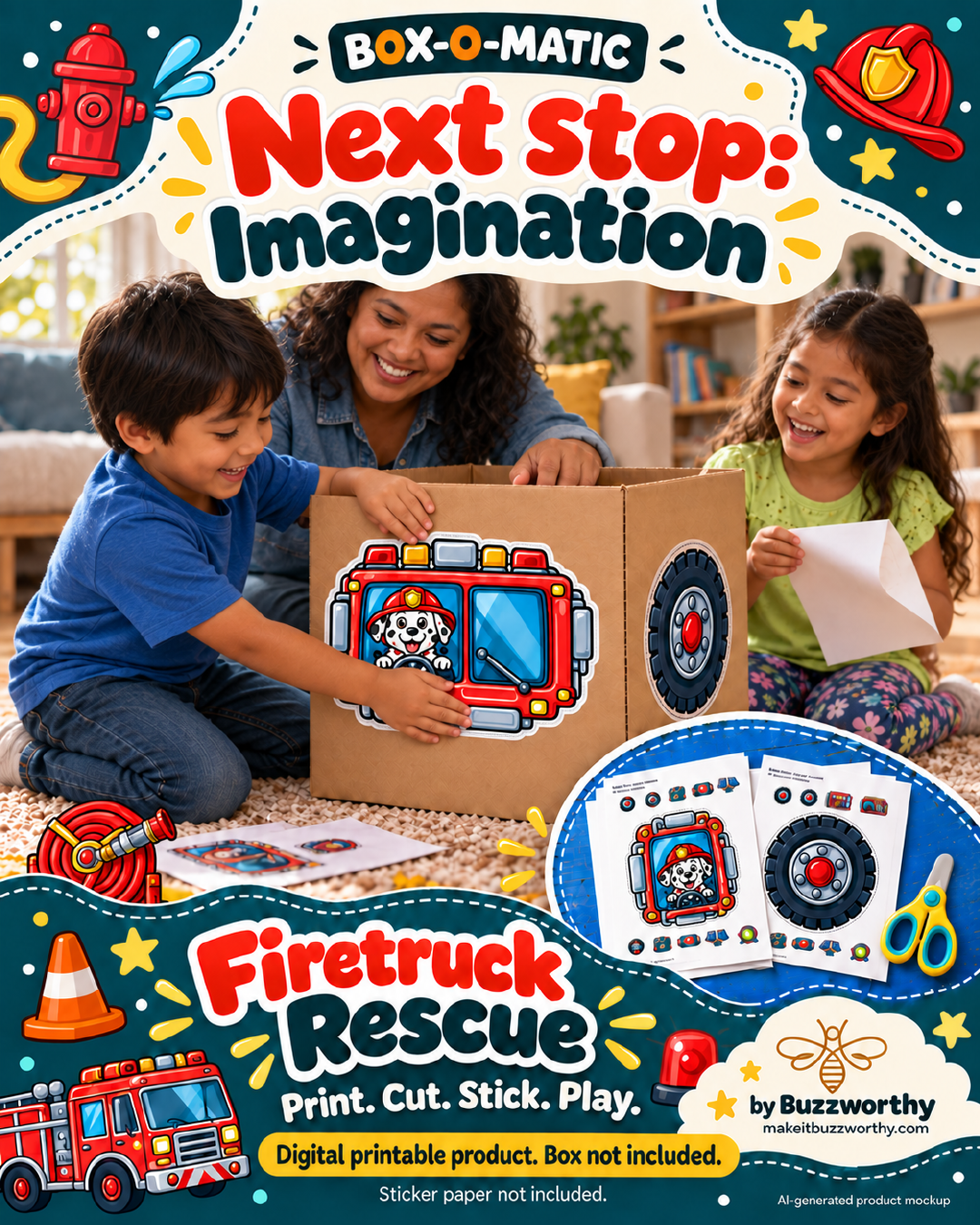 Firetruck Rescue printable sticker pack illustrated with an AI-generated family mockup
