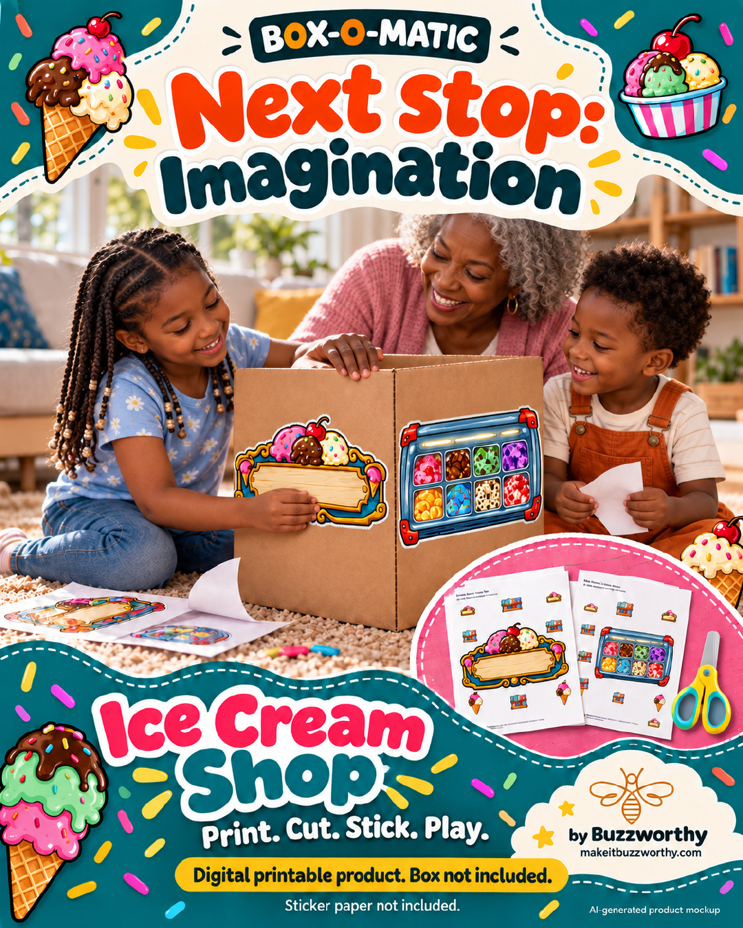 Ice Cream Shop printable sticker pack illustrated with an AI-generated family mockup