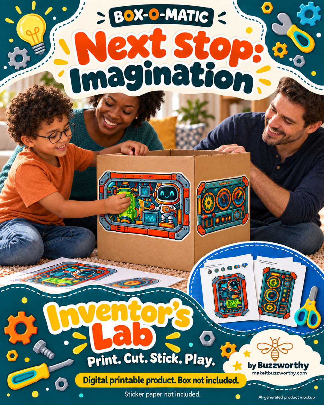 Inventor’s Lab printable sticker pack illustrated with an AI-generated family mockup