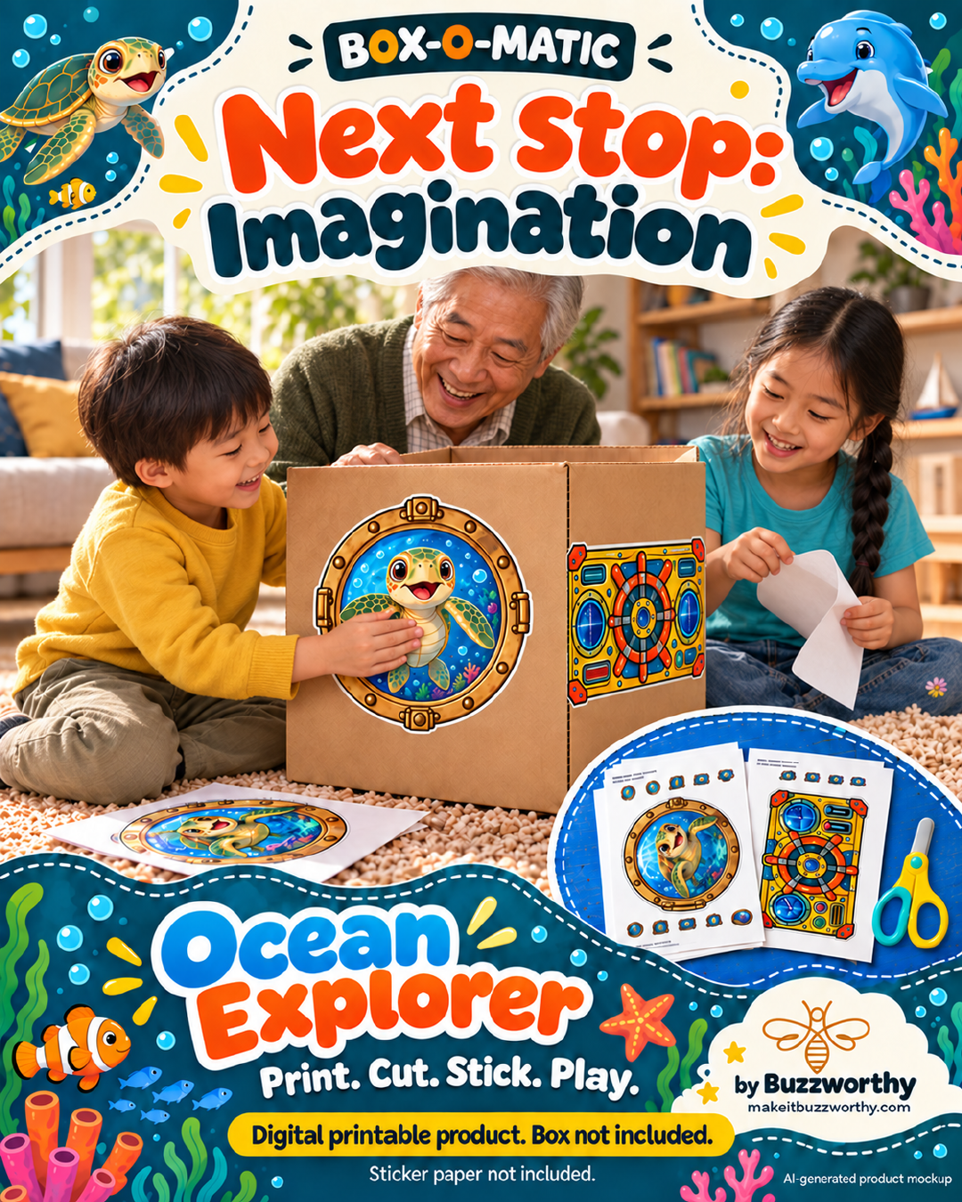 Ocean Explorer printable sticker pack illustrated with an AI-generated family mockup