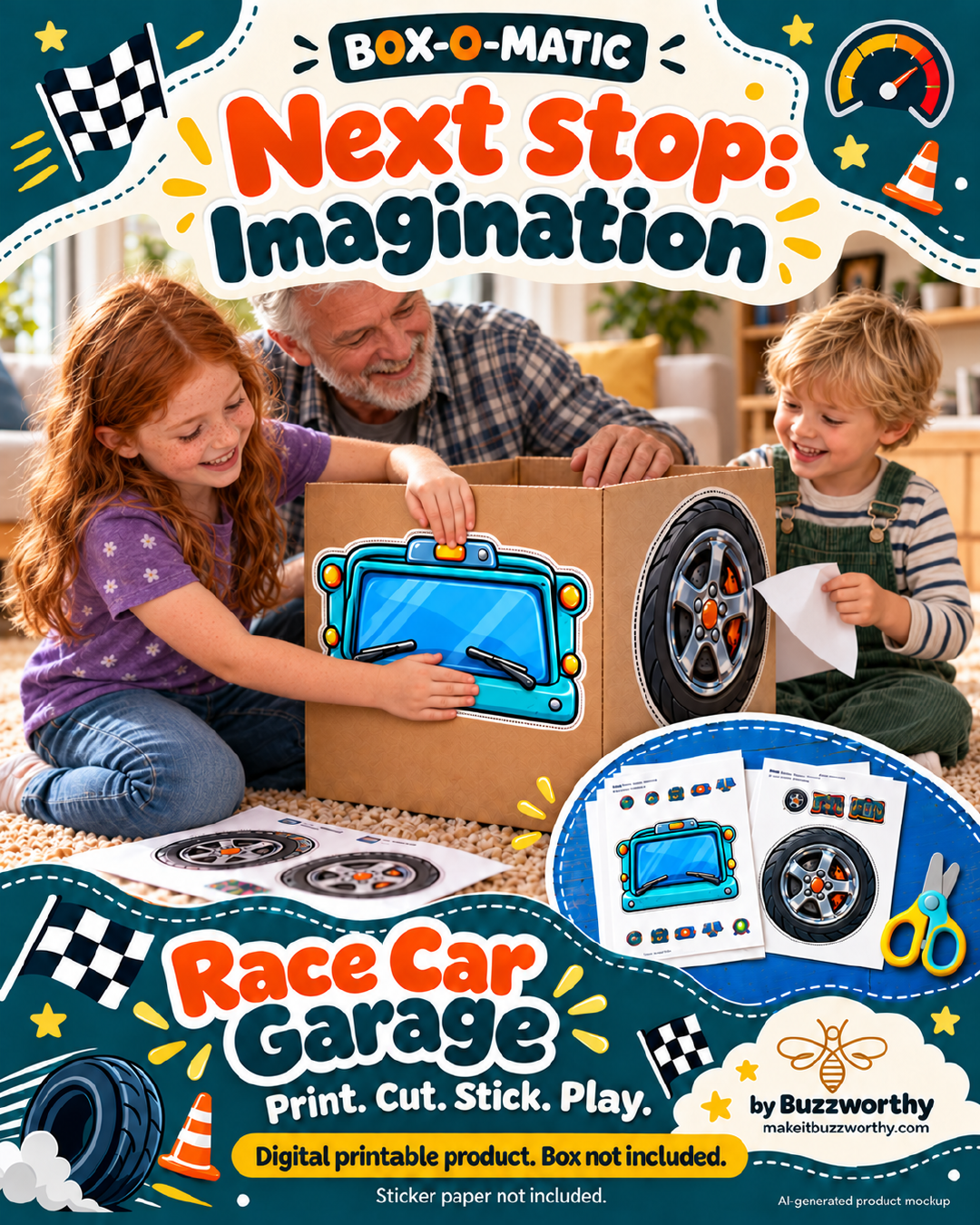 Race Car Garage printable sticker pack illustrated with an AI-generated family mockup