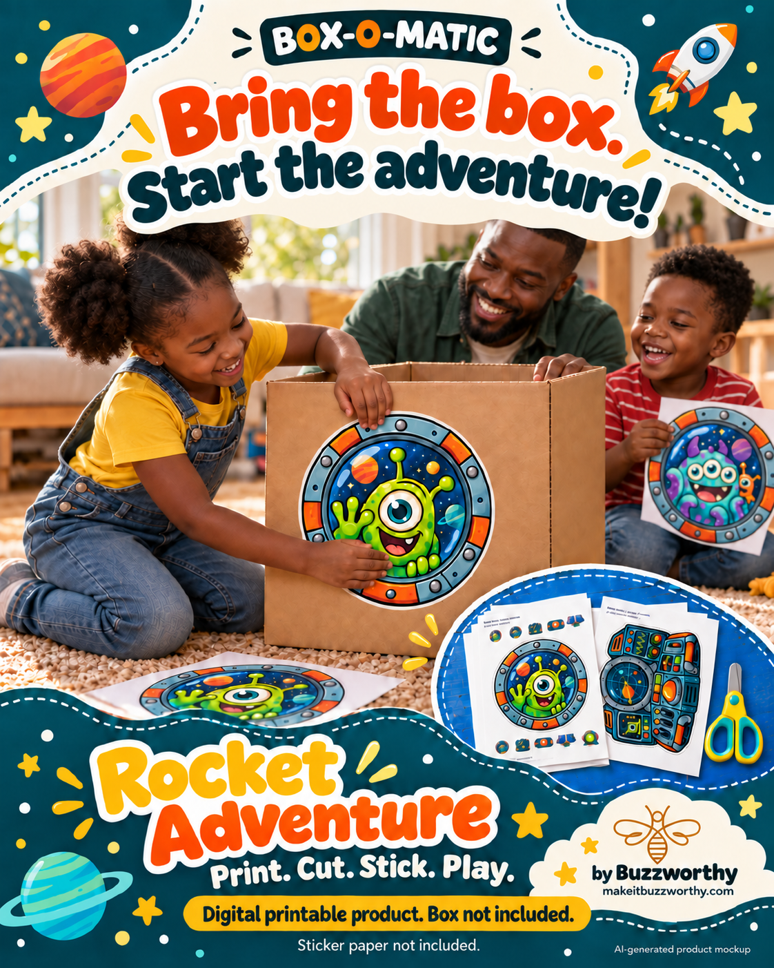 Rocket Adventure printable sticker pack illustrated with an AI-generated family mockup