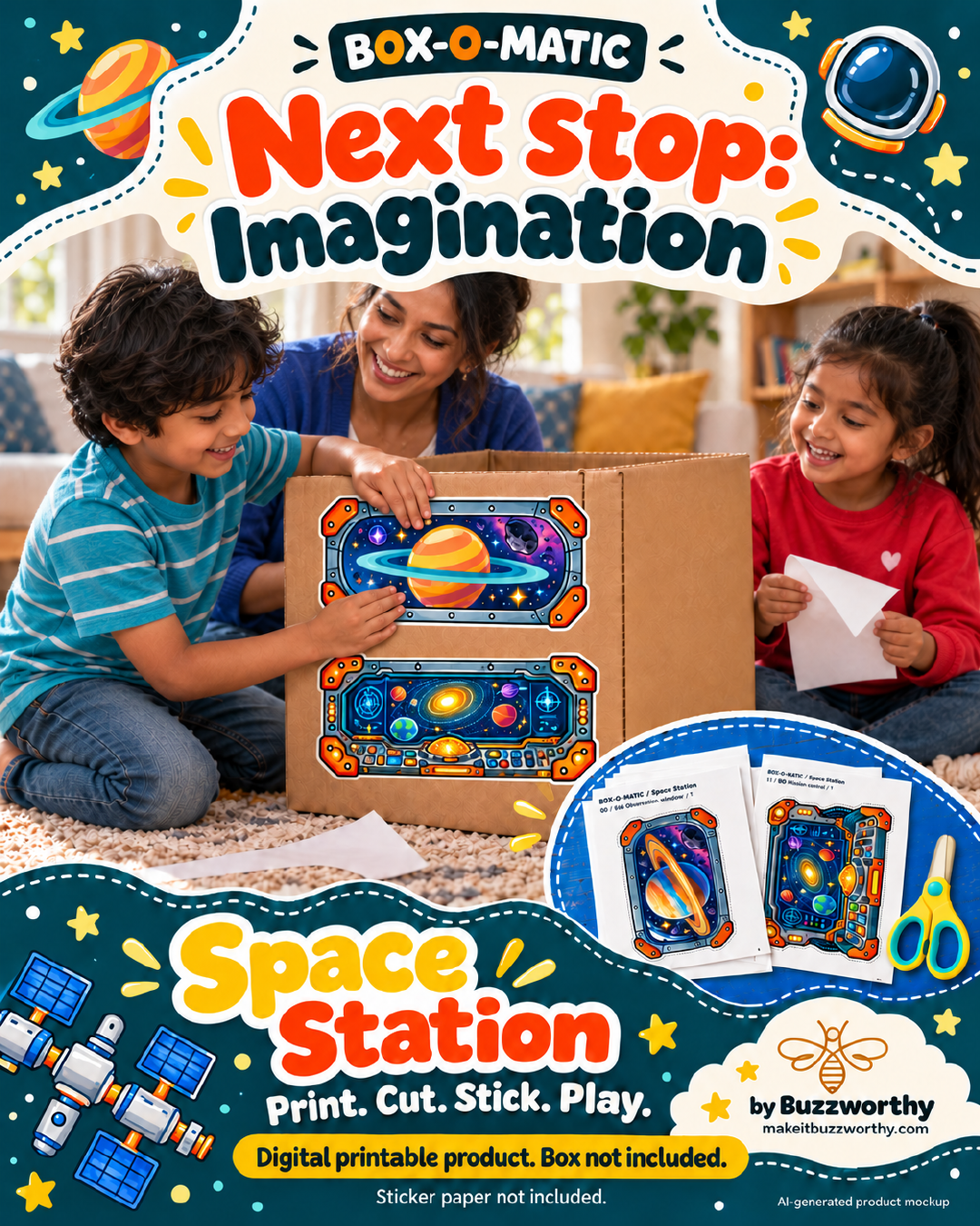 Space Station printable sticker pack illustrated with an AI-generated family mockup